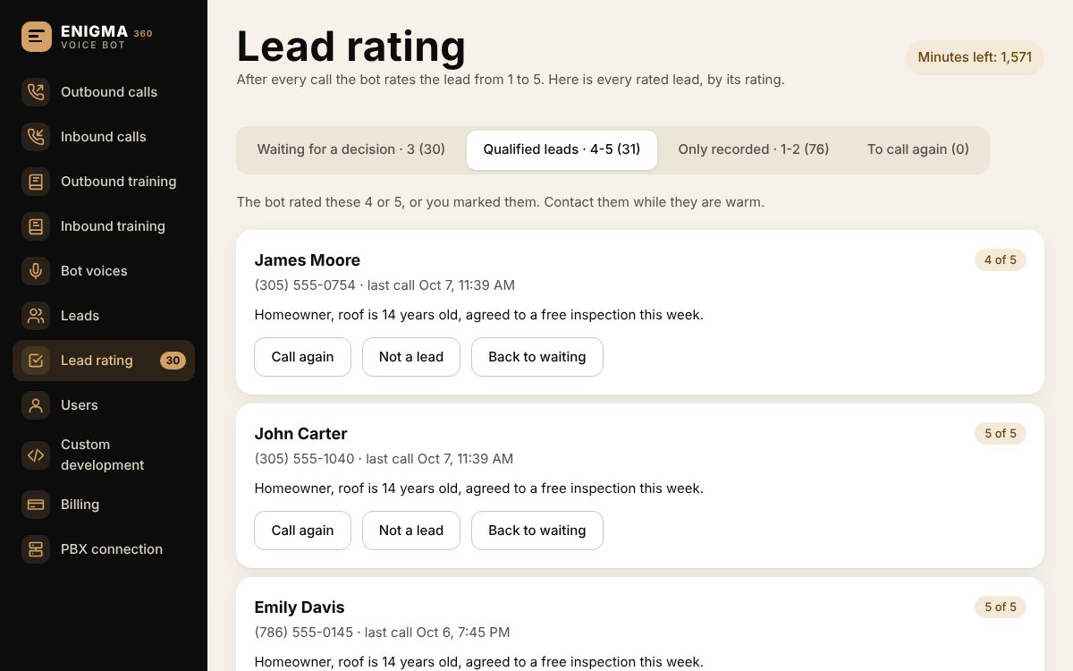 Lead rating: every lead by the score the bot gave it