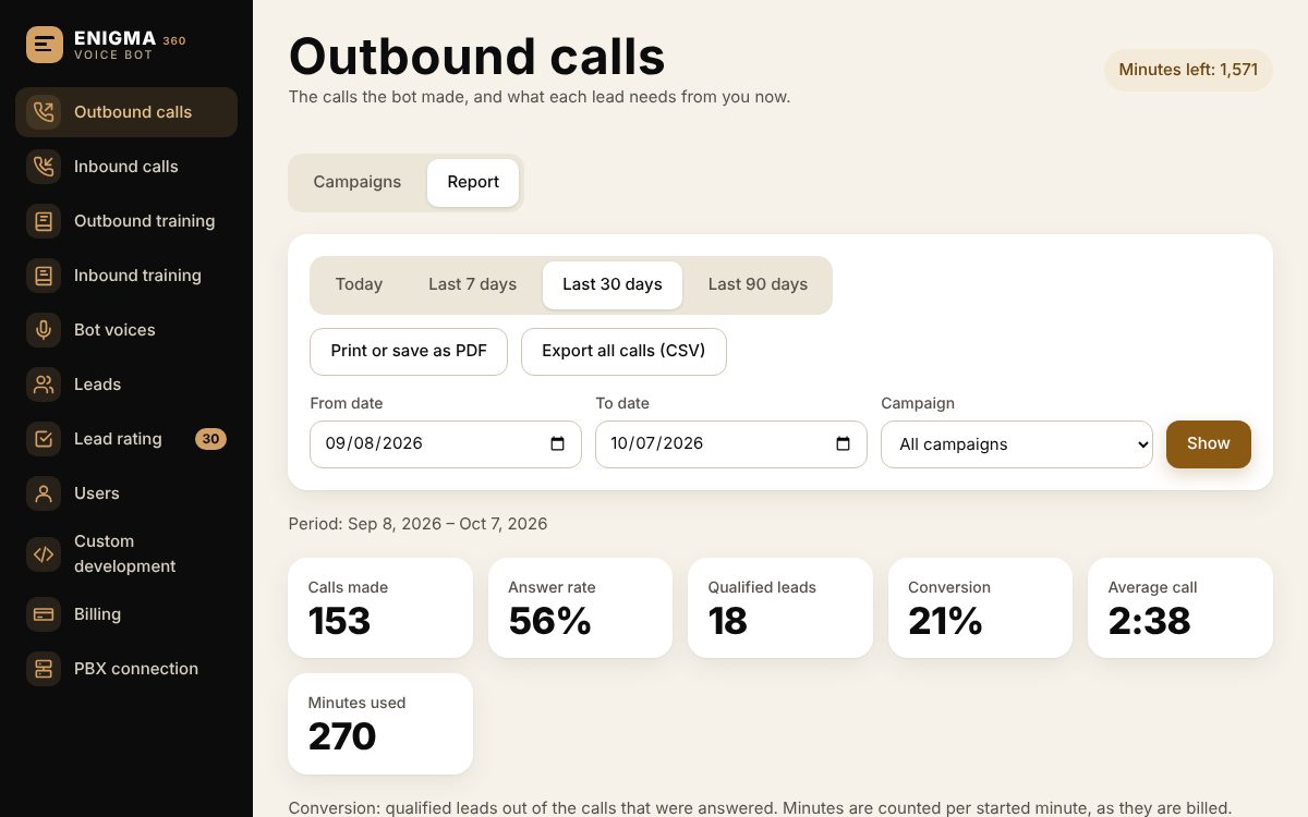 The outbound calls report in ENIGMA Voice Bot