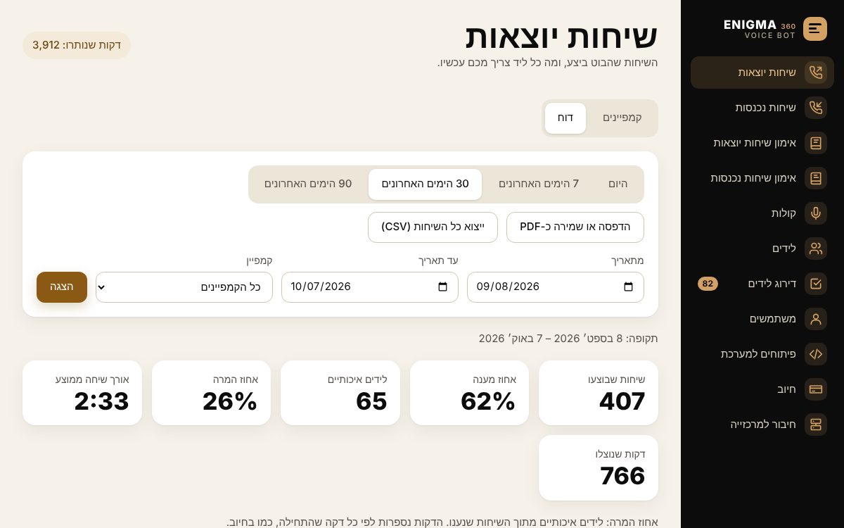 דוח השיחות היוצאות ב-ENIGMA Voice Bot